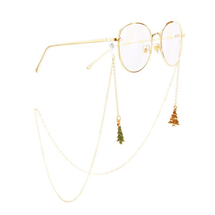 Gold-colored metal non-slip chain, with Christmas tree pendant, for glasses and masks GA035