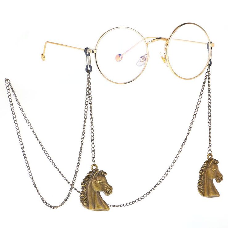 Bronze-colored metal non-slip chain, with horse pendant, for glasses and masks GL205