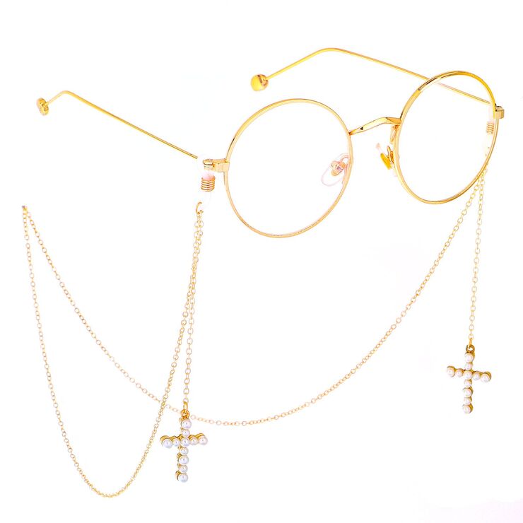 Gold-colored metal non-slip chain, with pearl cross, for glasses and masks GL378