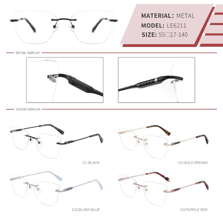 Metal rimless on screws frame for women with spring hinges LE6211-DA