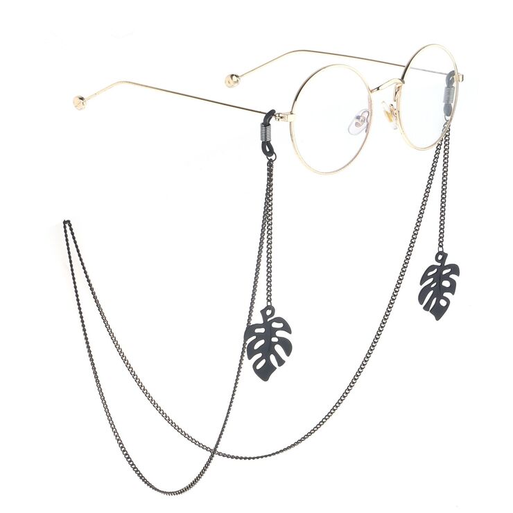 Black-colored metal non-slip chain, with pendant hollow leaves, for glasses and masks GL782