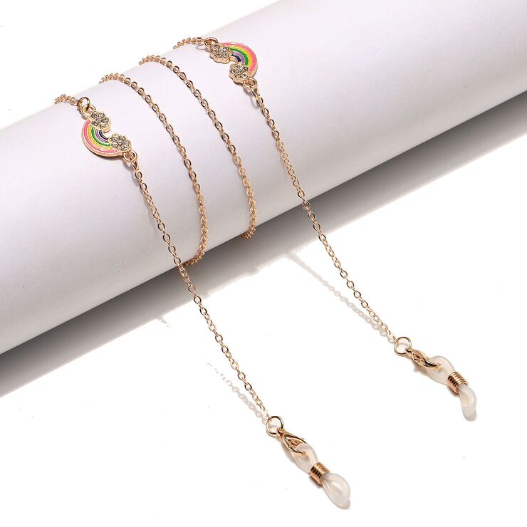 Gold-colored metal non-slip chain, with rainbow with rhinestone, for glasses and masks GL1448
