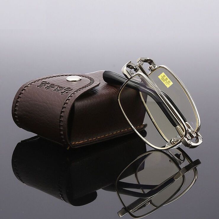 Folding metal reading glasses JY303黄片 with case, diopters from +1.00 to +4.00, RMC=62-64