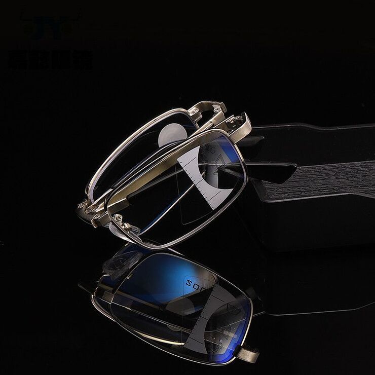 Folding metal multifocal reading glasses 180渐进 with Blue ray cut protection with case, diopters from +1.00 to +3.50, RMC=62-64