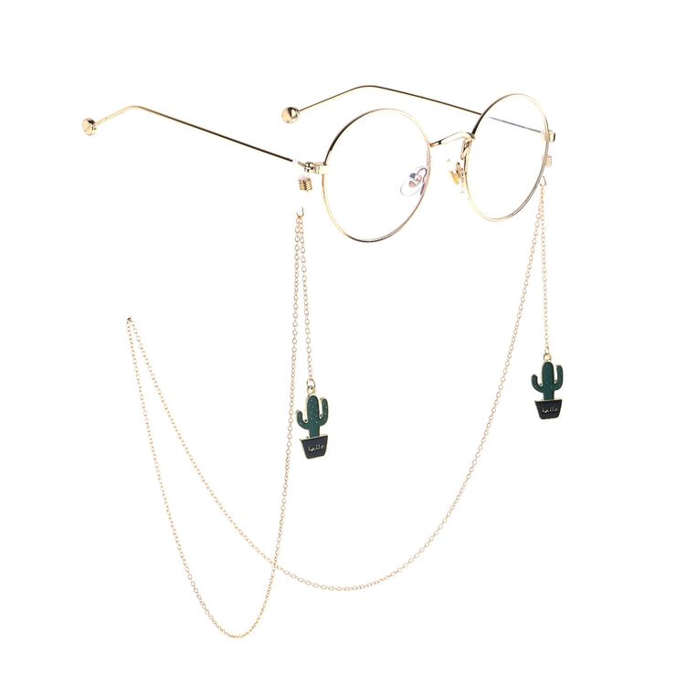 Gold-colored metal non-slip chain, with pendant cactus, for glasses and masks GL810