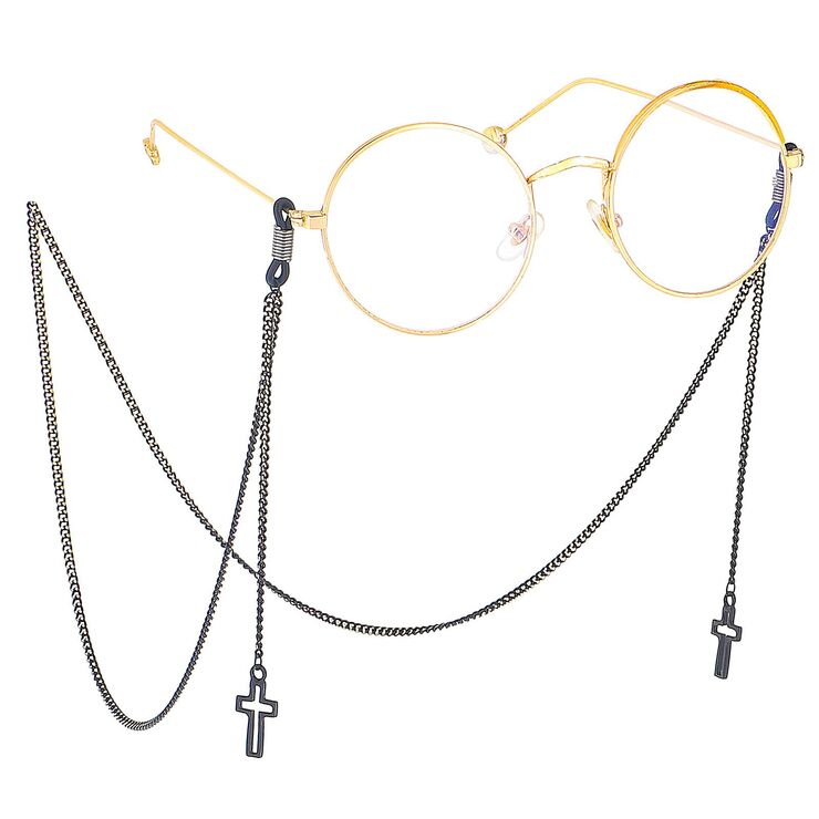 Black-colored metal non-slip chain, with pendant hollow cross, for glasses and masks GL414