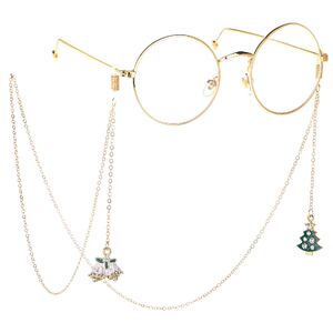Gold-colored metal non-slip chain, with pendant christmas tree and bell, for glasses and masks GL167