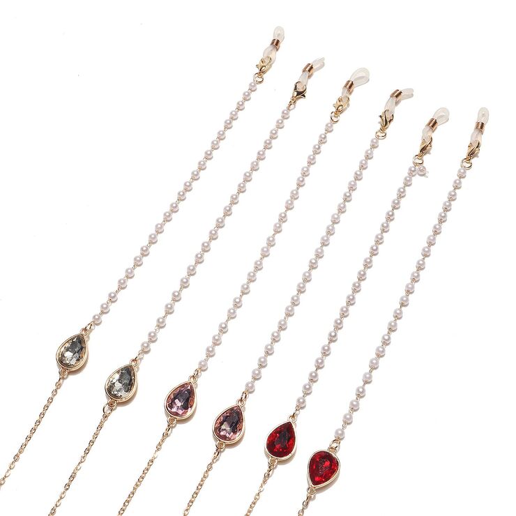 Gold-colored metal non-slip chain, with crystal water drop and pearl, for glasses and masks GL1504