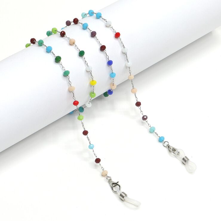 Metal non-slip chain silver, with colorful round crystal, for glasses and masks GS038