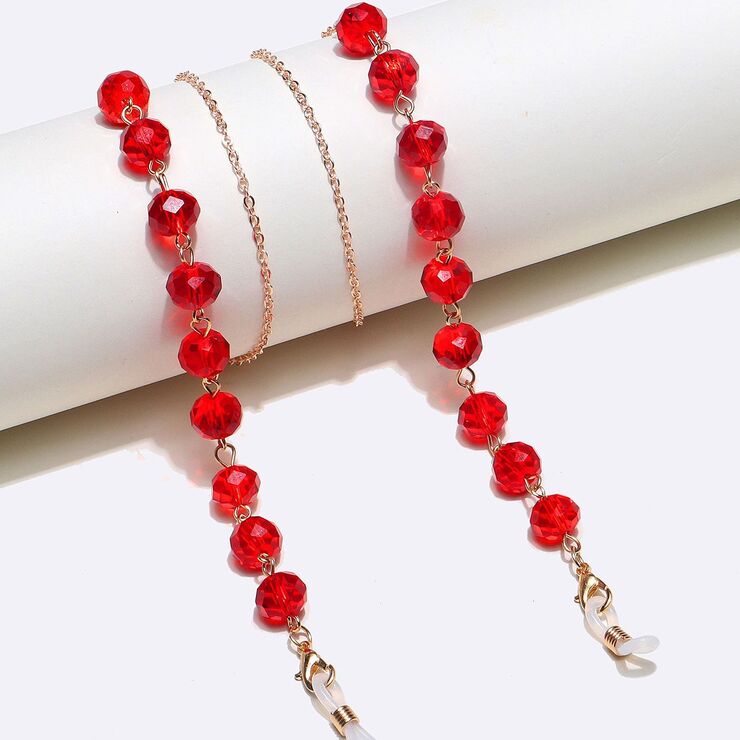 Gold-colored metal non-slip chain, with red round crystal, for glasses and masks GL1381-1