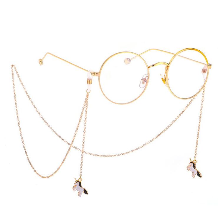 Gold-colored metal non-slip chain, with unicorn pendant, for glasses and masks GL445