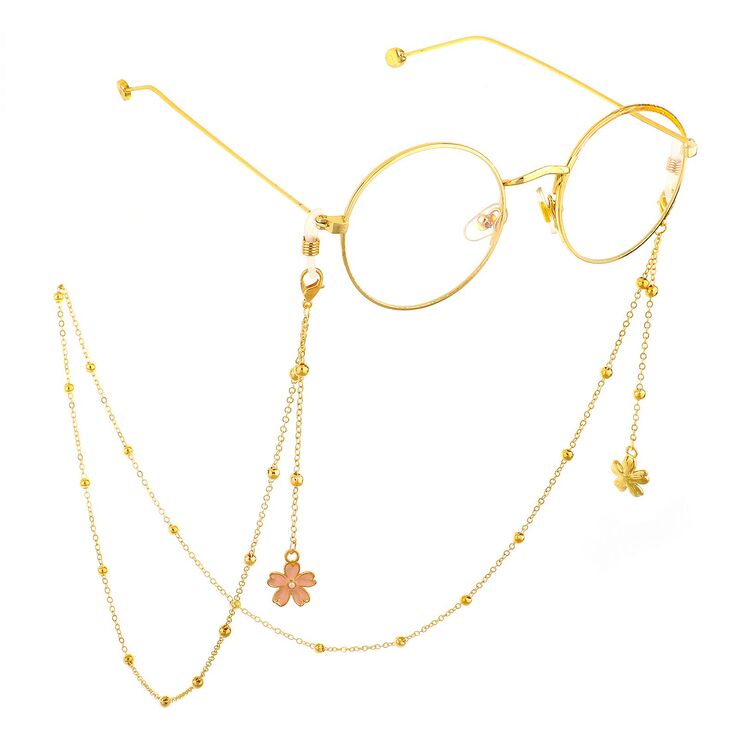 Gold-colored metal non-slip chain, with pink cherry flower, for glasses and masks GL538