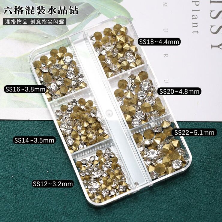 Set of rhinestones with a pointed bottom for frames and glasses decorating, transparent, sizes 3.2-5.1 mm (price per pack, 3 packs minimum)