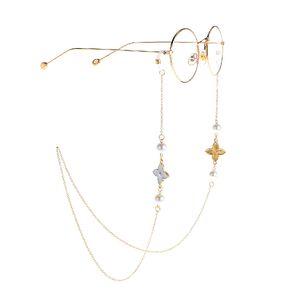 Металлическая нескользящая цепочка золотого цвета, с белым жемчужным цветком, для очков и масок GL929