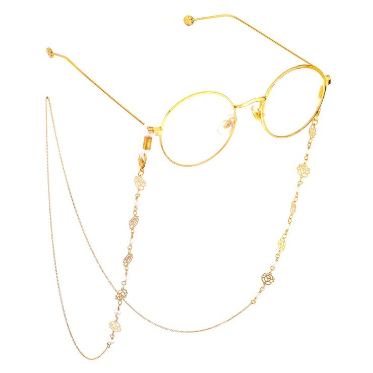 Gold-colored metal non-slip chain, with rose and crystal, for glasses and masks GL715
