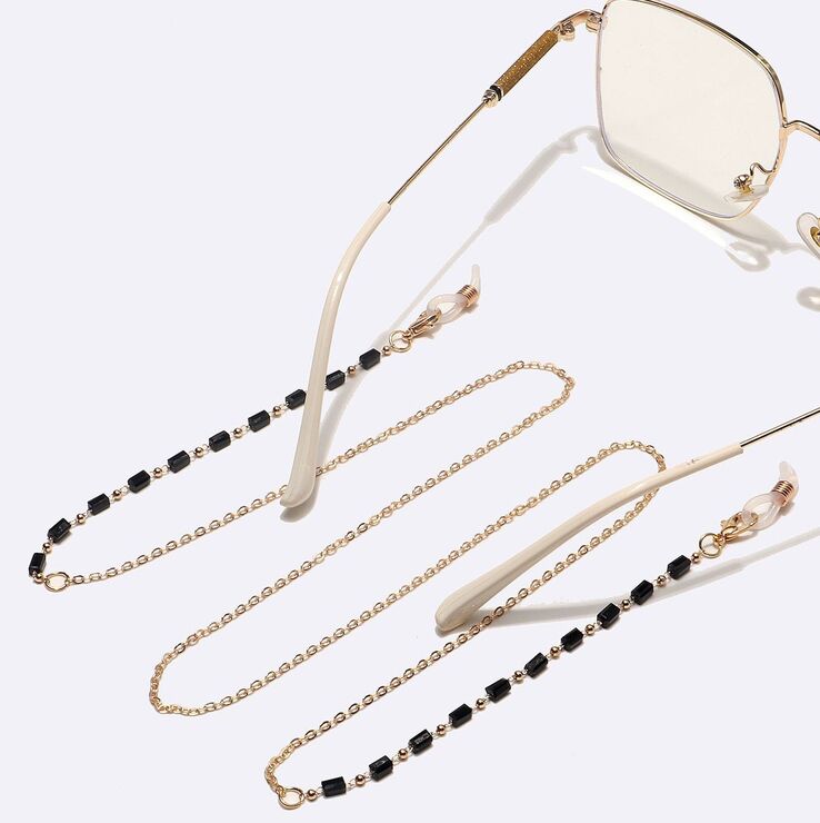 Gold-colored metal non-slip chain, with restangular black crystal, for glasses and masks GL1477