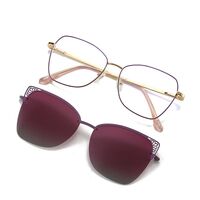 Metal Blue Ray Cut protection women's frame with spring hinges + magnet sunshade clip-on 7014-GT