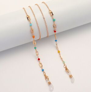 Gold-colored metal non-slip chain, with colored crystal and metal restangular, for glasses and masks GL1859