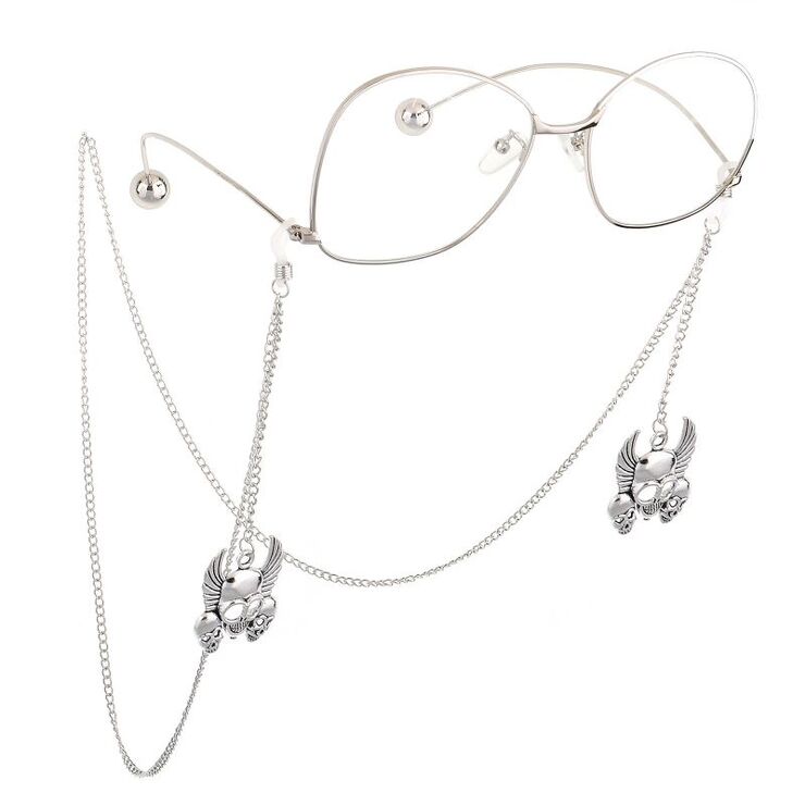 Silver-colored metal non-slip chain, with skull pendant, for glasses and masks GL590