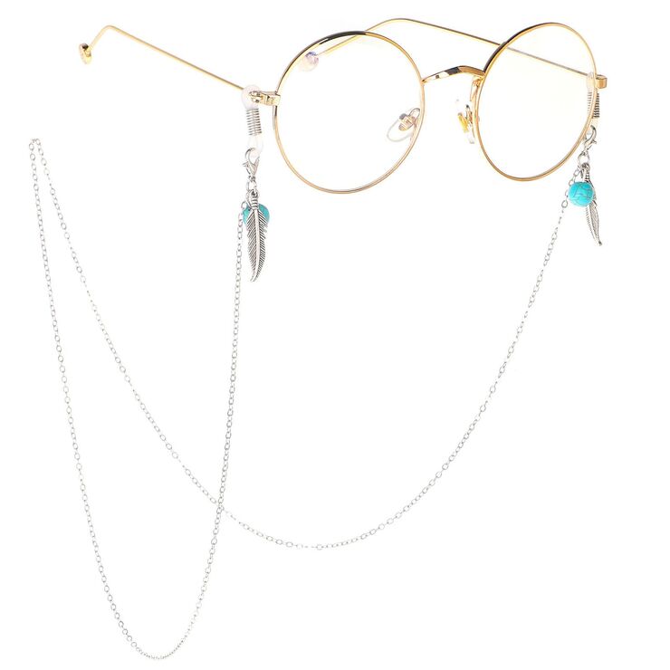 Silver-colored metal non-slip chain, with leaves and turquoise beads, for glasses and masks GL154