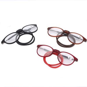 Plastic reading pince-nez glasses folding with magnetic 圆款挂脖, diopters from +1.00 to +4.00, RMC=62-64