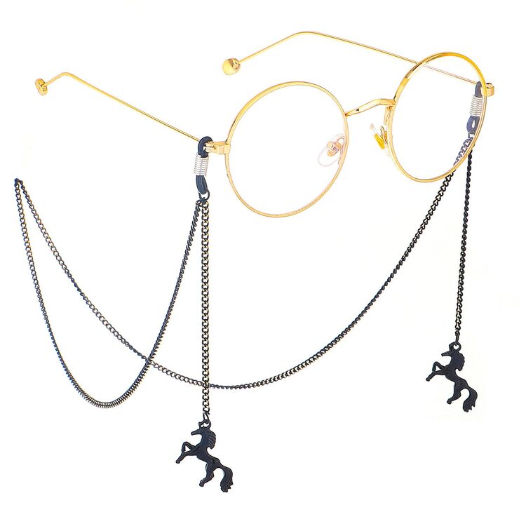 Black-colored metal non-slip chain, with pendant animal horse, for glasses and masks GL367