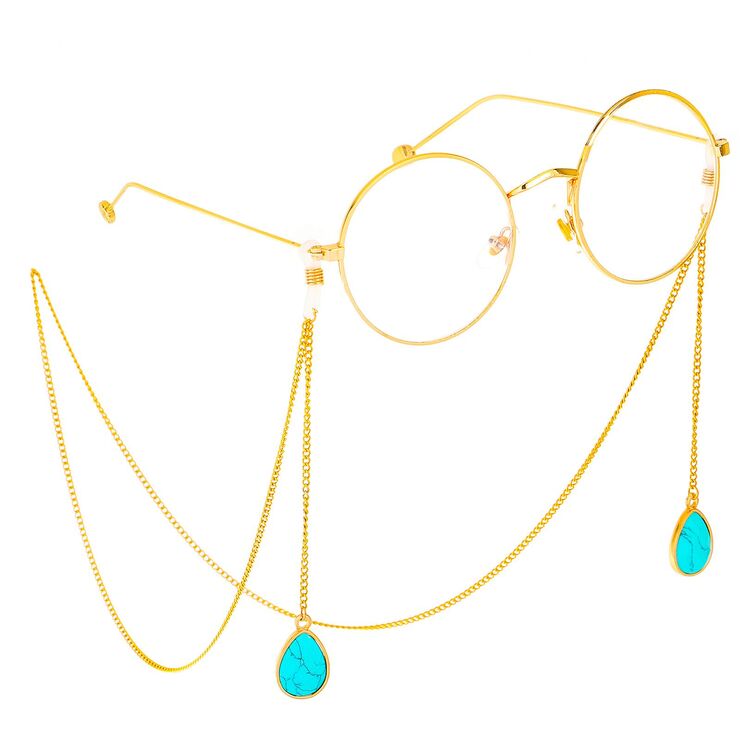 Metal non-slip gold chain with urquoise water drop pendant for glasses and masks GS020