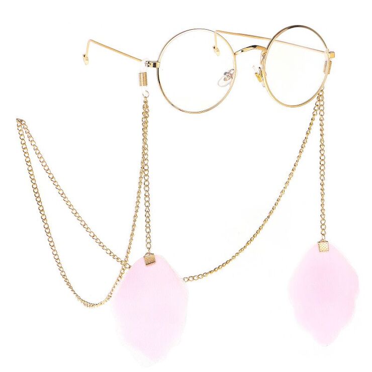 Gold-colored metal non-slip chain, with lace pompom pendant, for glasses and masks GL195