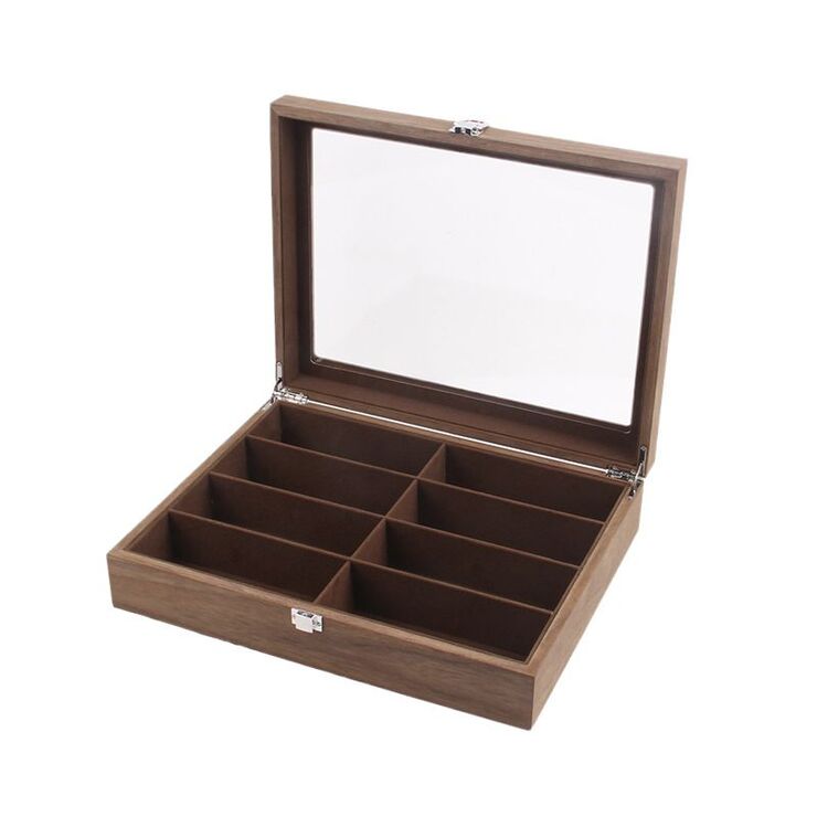 Glasses and frames holder display with 8 slots and cover, brown coating