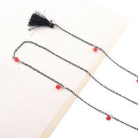 Black-colored metal non-slip chain, with pendant black tassel and crystal, for glasses and masks GL409
