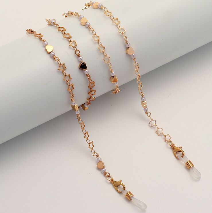 Gold-colored metal non-slip chain, with hollow star and peach heart, for glasses and masks GL1863
