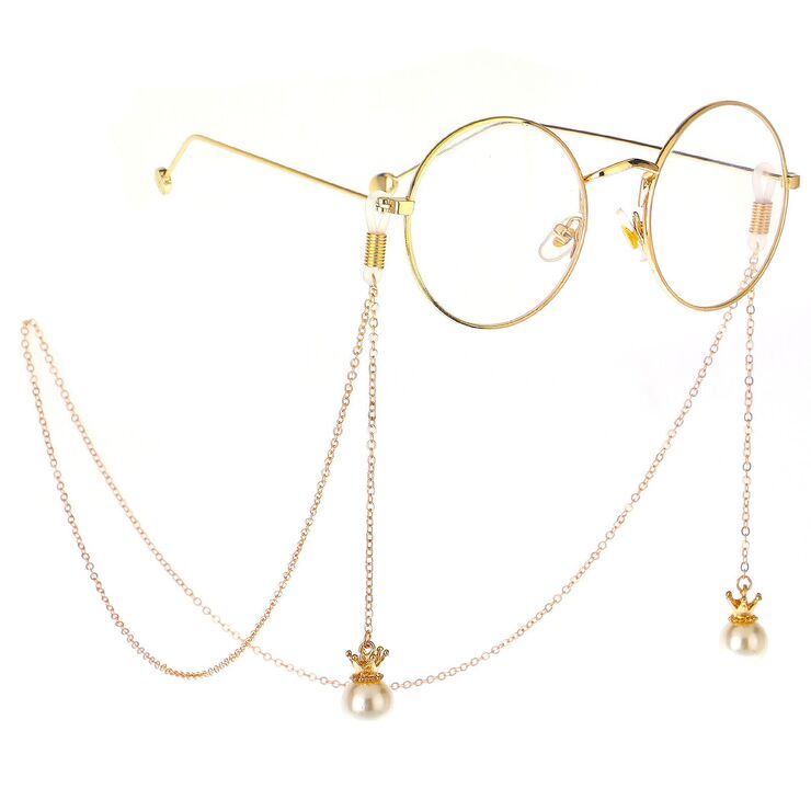 Gold-colored metal non-slip chain, with pendant crown and pearl, for glasses and masks GL244
