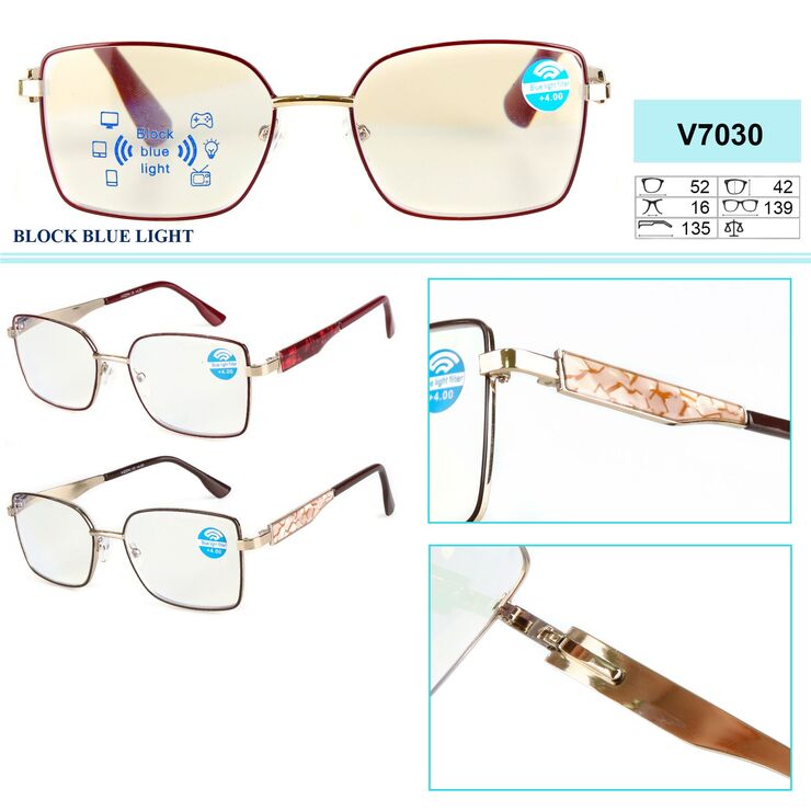 Ready-made metal frame glasses Vizzini V7030, block blue light, plastic lens, diopters +0.75 to +4.00 (step 0.25)