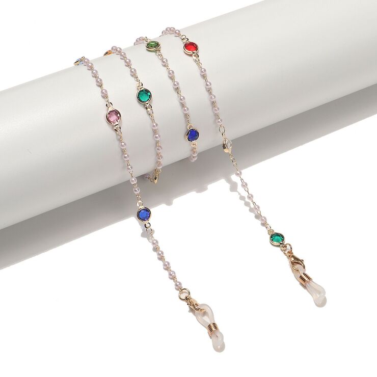 Gold-colored metal non-slip chain, with colored glass and pearl, for glasses and masks GL1542