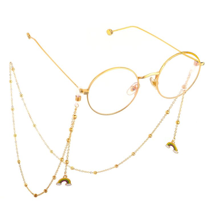 Gold-colored metal non-slip chain, with pendant rainbow and beads, for glasses and masks GL574
