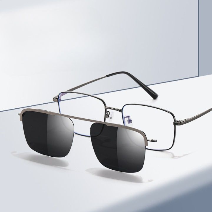 Оправа металлическая с защитой от синего света + магнитная солнцезащитная насадка (клипон) 7005-GT