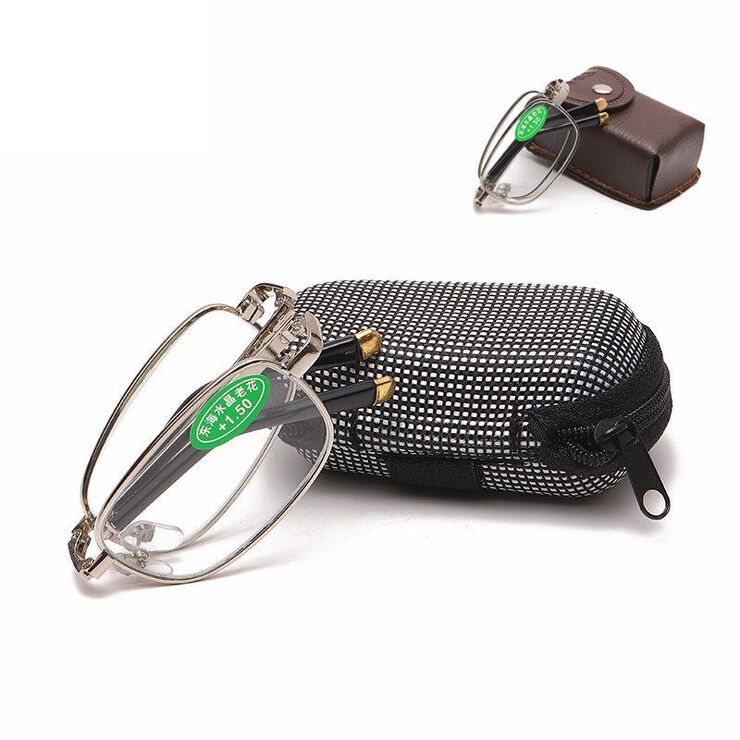 Очки металлические складные для чтения JY折叠铜头水晶 с футляром, диоптрии от +1.00 до +4.00, РМЦ=62-64