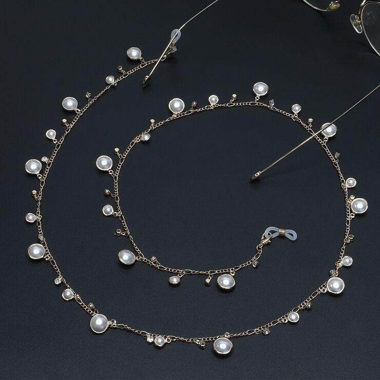 Gold-colored metal non-slip chain, with rhinestone and pearl, for glasses and masks GL692